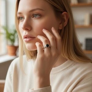 10ct White Gold Ladies Custom Brillant Cut Black Diamond With 2 Side Diamonds